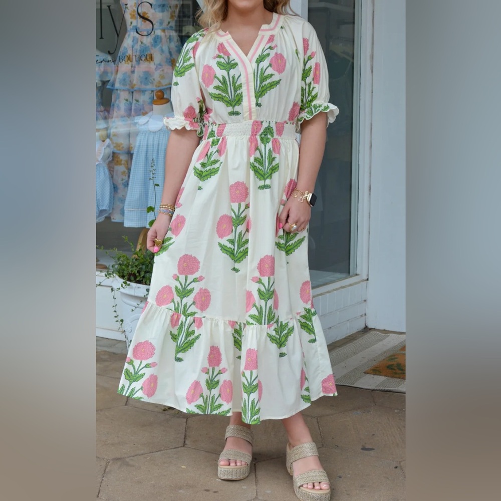 Tuckernuck inspired Cream Dress with Pink and Green Embroidery